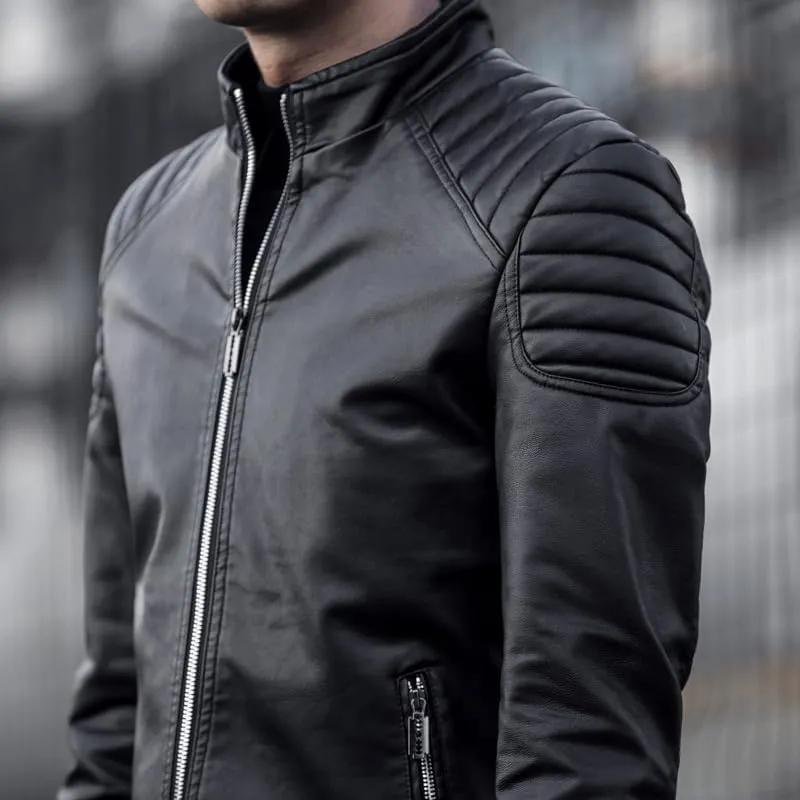 Mens Casual Stand Collar Slim Fit Faux Leather Jacket Biker Motorcycle Jacket