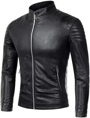 Mens Casual Stand Collar Slim Fit Faux Leather Jacket Biker Motorcycle Jacket
