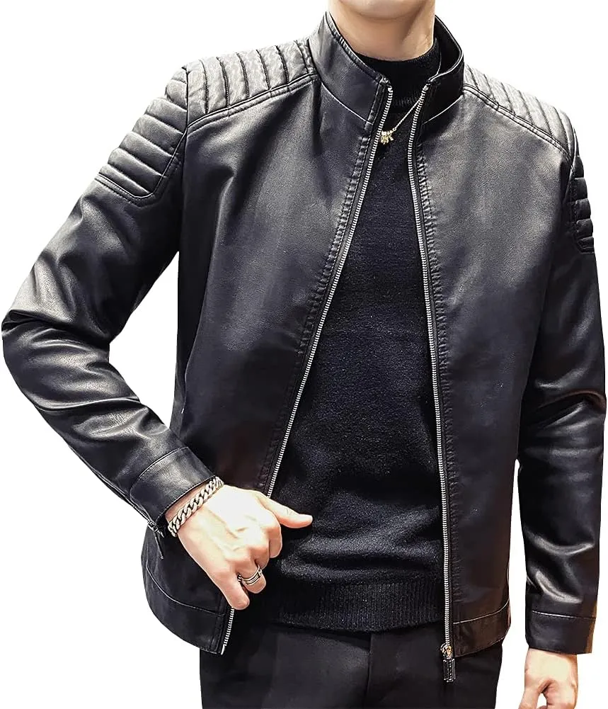 Mens Casual Stand Collar Slim Fit Faux Leather Jacket Biker Motorcycle Jacket