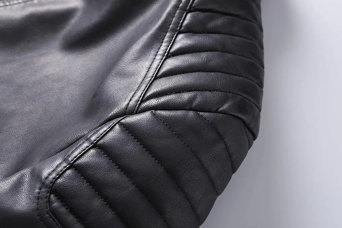 Mens Casual Stand Collar Slim Fit Faux Leather Jacket Biker Motorcycle Jacket