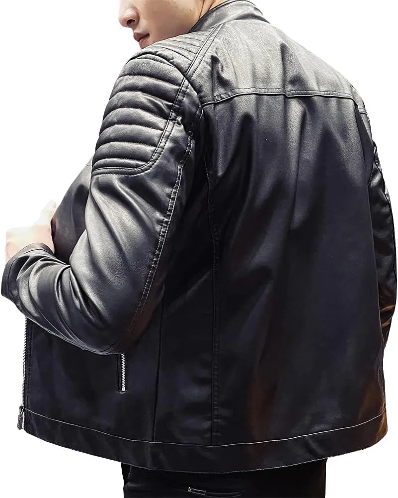 Mens Casual Stand Collar Slim Fit Faux Leather Jacket Biker Motorcycle Jacket