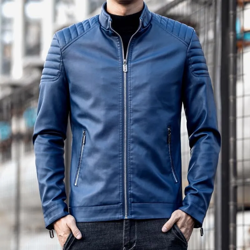 Mens Casual Stand Collar Slim Fit Faux Leather Jacket Biker Motorcycle Jacket
