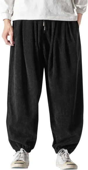 Mens Corduroy Harem Pants Baggy Autumn and Winter Casual Pants Plus Size Loose Fit Retro Tapered Hip Hop Pants with Pockets