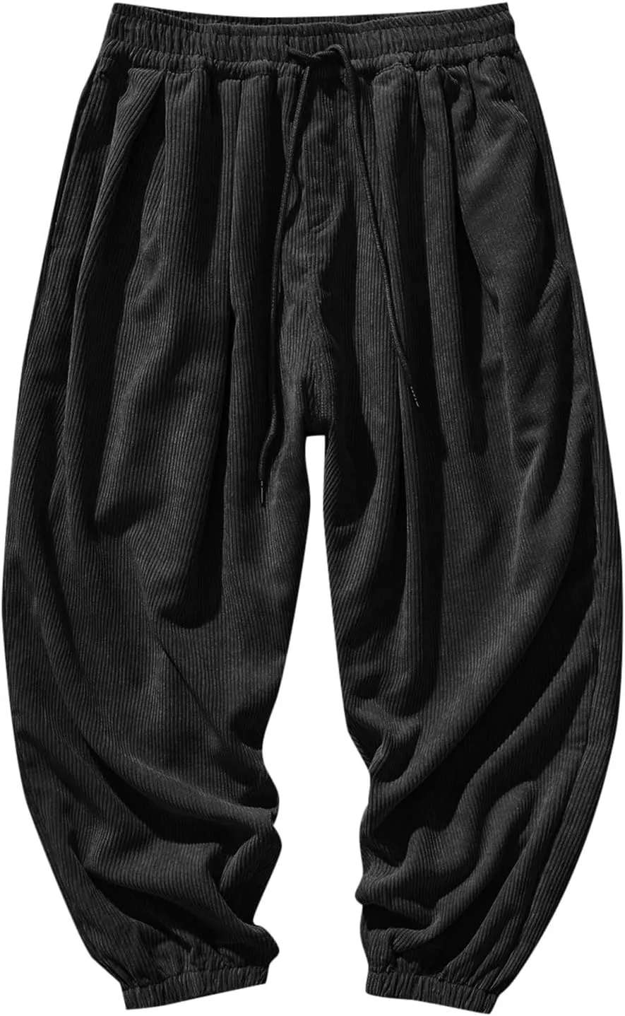 Mens Corduroy Harem Pants Baggy Autumn and Winter Casual Pants Plus Size Loose Fit Retro Tapered Hip Hop Pants with Pockets