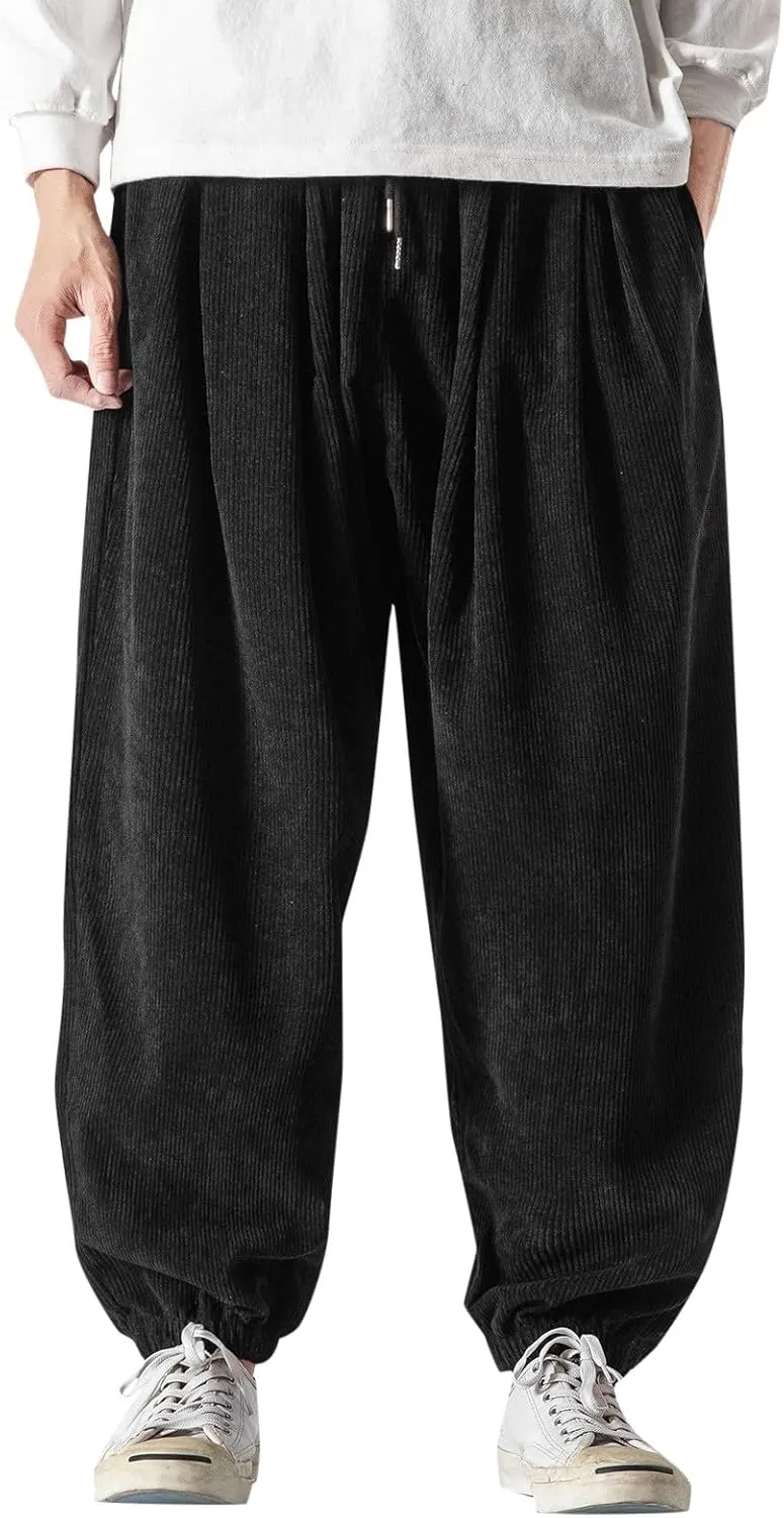 Mens Corduroy Harem Pants Baggy Autumn and Winter Casual Pants Plus Size Loose Fit Retro Tapered Hip Hop Pants with Pockets