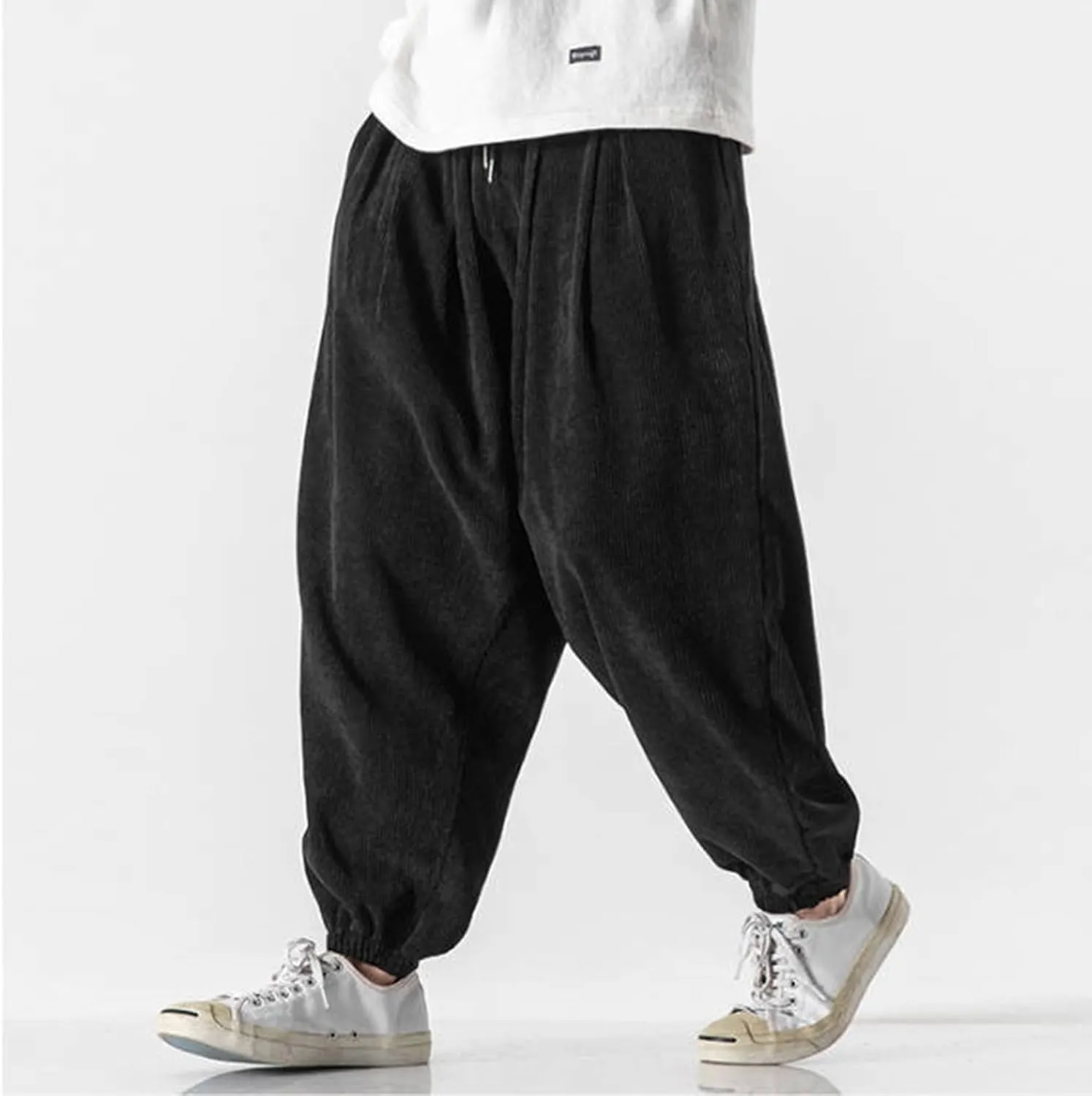 Mens Corduroy Harem Pants Baggy Autumn and Winter Casual Pants Plus Size Loose Fit Retro Tapered Hip Hop Pants with Pockets