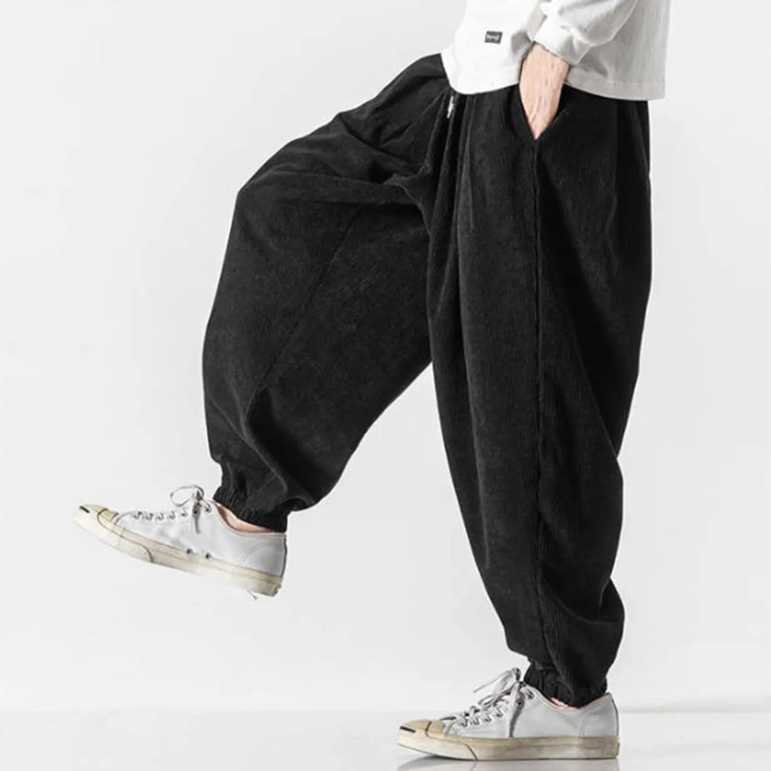 Mens Corduroy Harem Pants Baggy Autumn and Winter Casual Pants Plus Size Loose Fit Retro Tapered Hip Hop Pants with Pockets