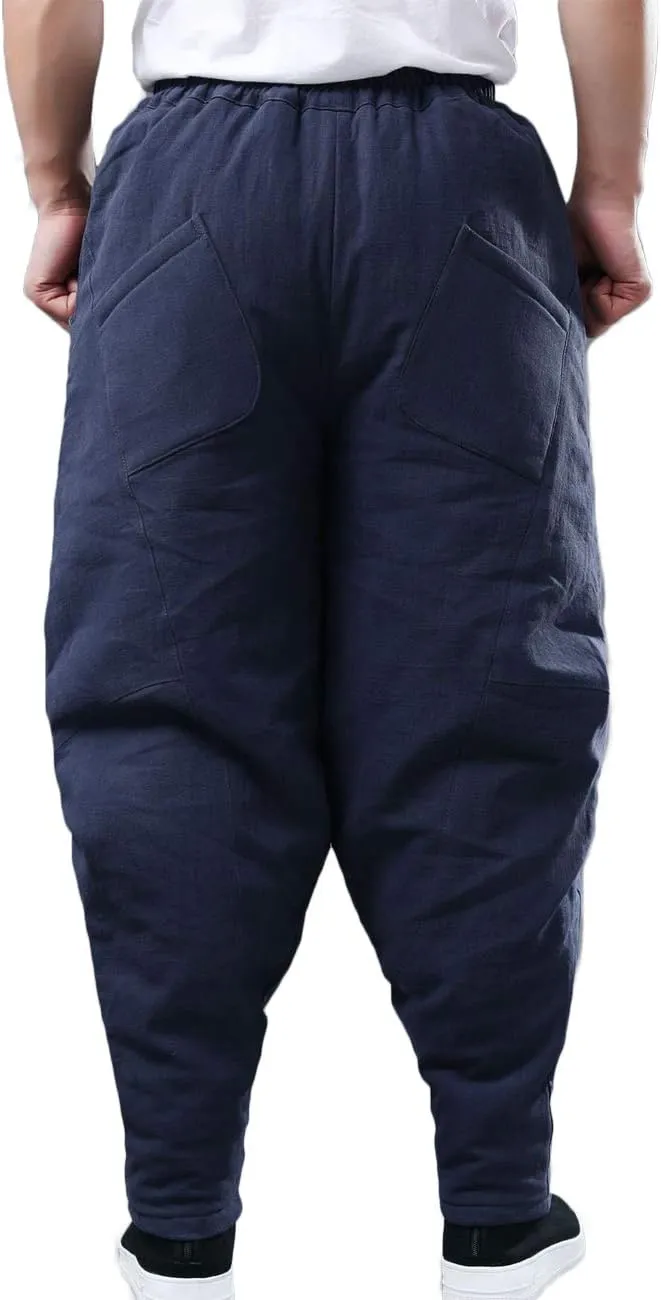 Men's Cotton Linen Lantern Harem Pants Elastic Waist Quilted Trousers with Pockets