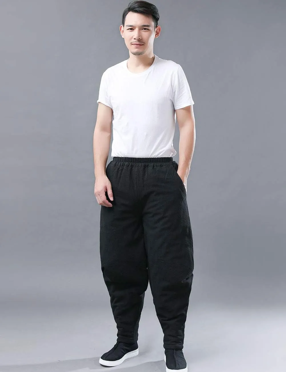 Men's Cotton Linen Lantern Harem Pants Elastic Waist Quilted Trousers with Pockets