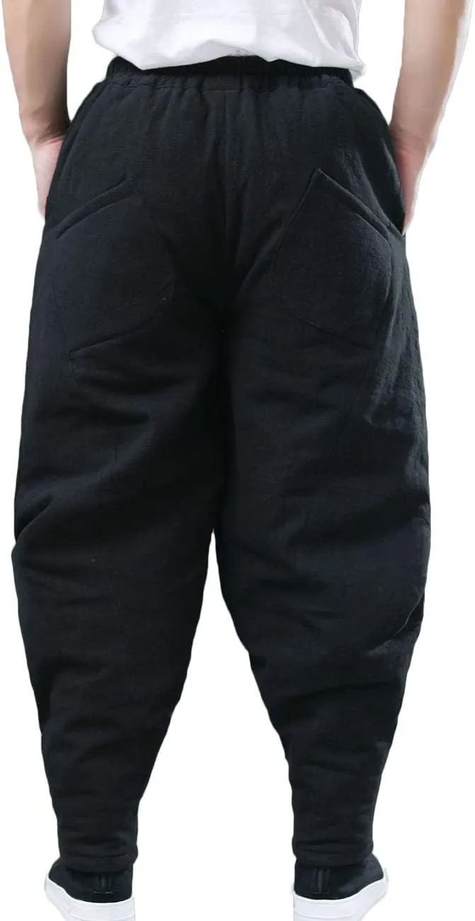 Men's Cotton Linen Lantern Harem Pants Elastic Waist Quilted Trousers with Pockets