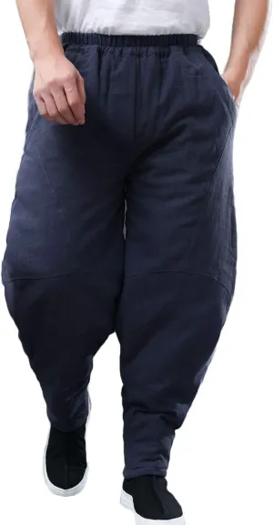 Men's Cotton Linen Lantern Harem Pants Elastic Waist Quilted Trousers with Pockets