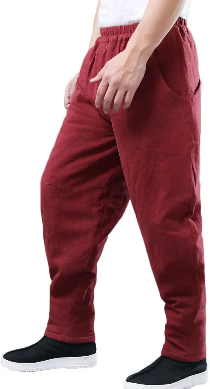 Men's Cotton Linen Lantern Harem Pants Elastic Waist Quilted Trousers with Pockets