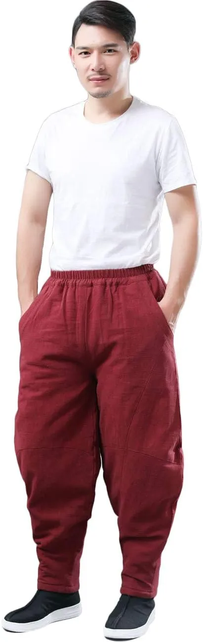 Men's Cotton Linen Lantern Harem Pants Elastic Waist Quilted Trousers with Pockets
