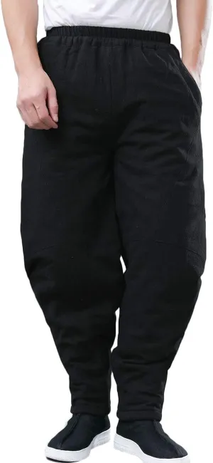 Men's Cotton Linen Lantern Harem Pants Elastic Waist Quilted Trousers with Pockets