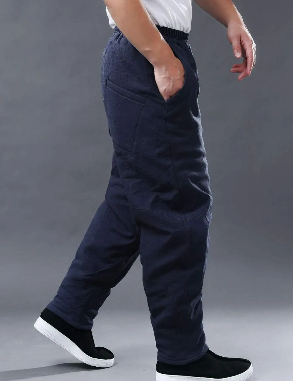 Men's Cotton Linen Lantern Harem Pants Elastic Waist Quilted Trousers with Pockets