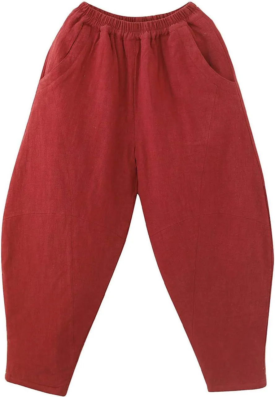 Men's Cotton Linen Lantern Harem Pants Elastic Waist Quilted Trousers with Pockets