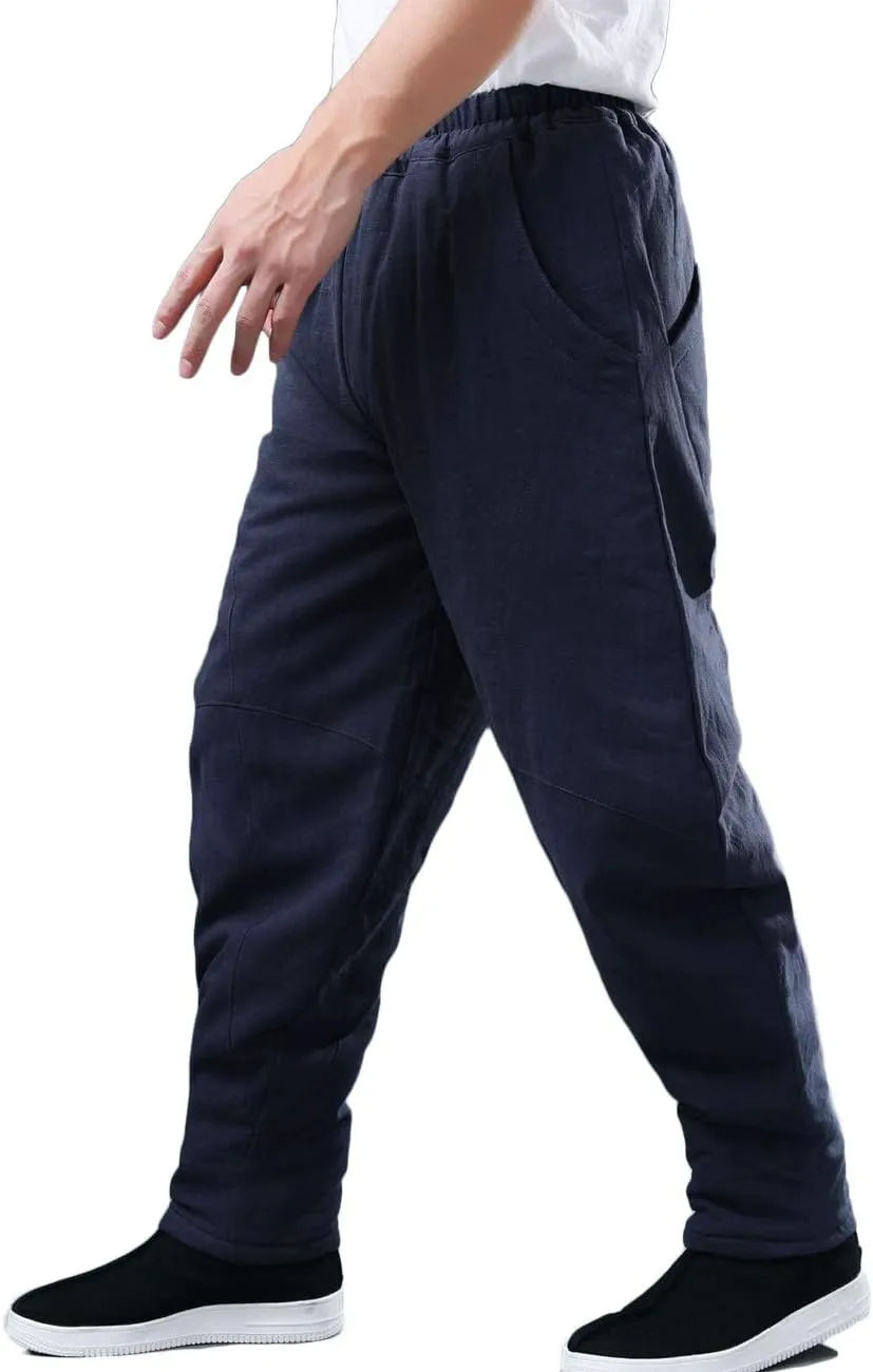 Men's Cotton Linen Lantern Harem Pants Elastic Waist Quilted Trousers with Pockets