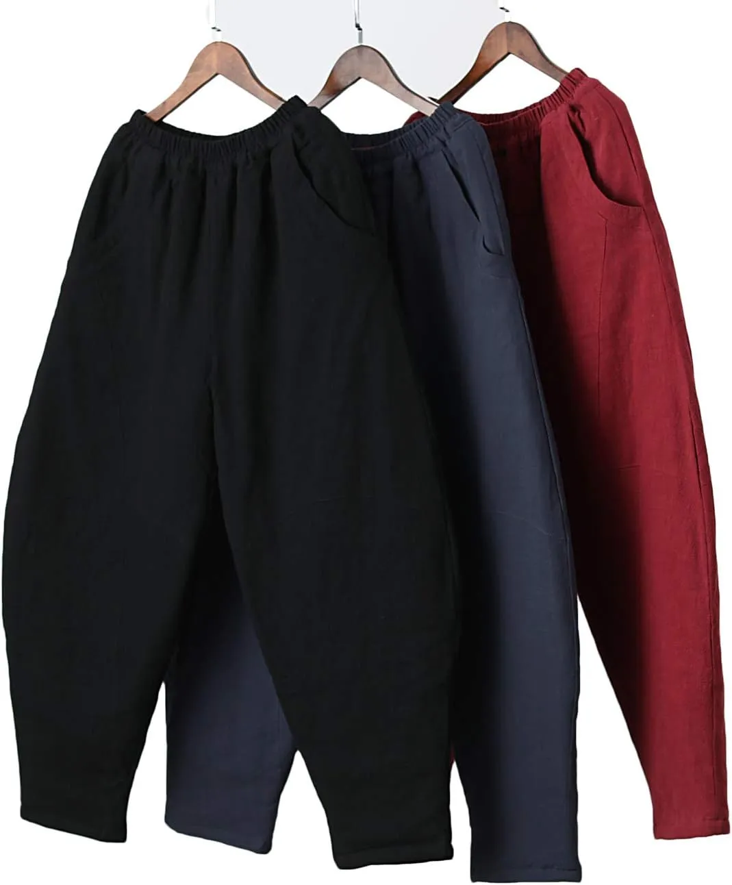 Men's Cotton Linen Lantern Harem Pants Elastic Waist Quilted Trousers with Pockets