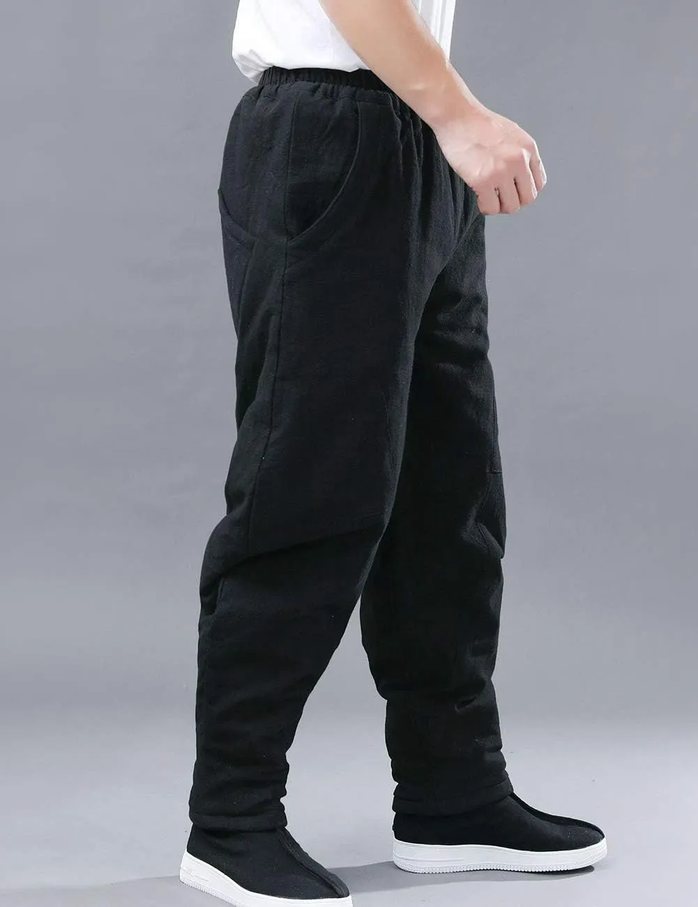 Men's Cotton Linen Lantern Harem Pants Elastic Waist Quilted Trousers with Pockets