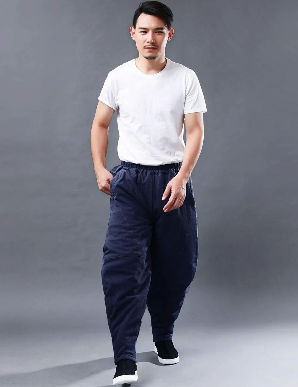 Men's Cotton Linen Lantern Harem Pants Elastic Waist Quilted Trousers with Pockets