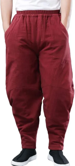 Men's Cotton Linen Lantern Harem Pants Elastic Waist Quilted Trousers with Pockets