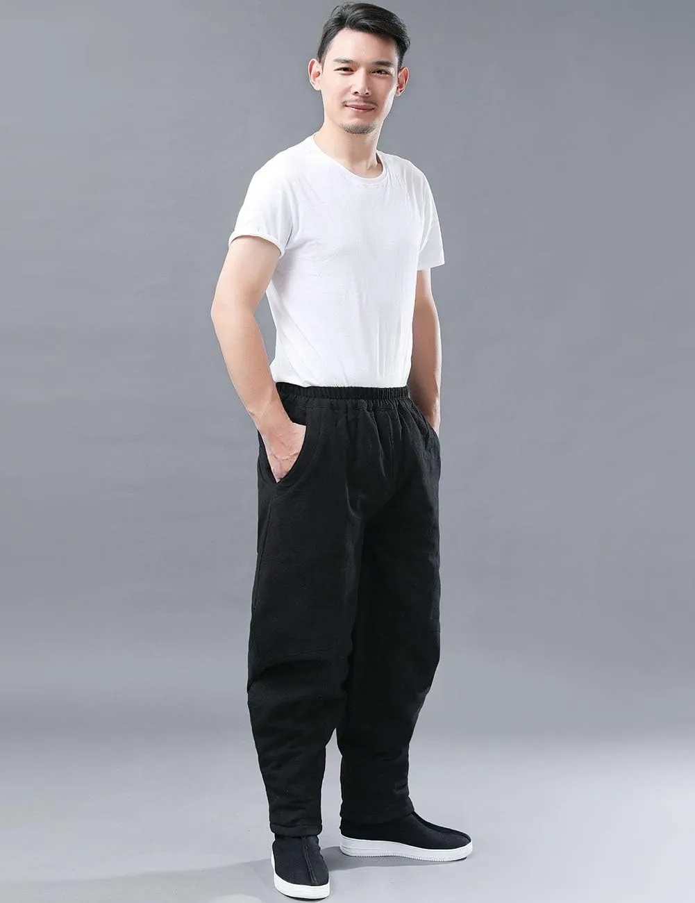 Men's Cotton Linen Lantern Harem Pants Elastic Waist Quilted Trousers with Pockets