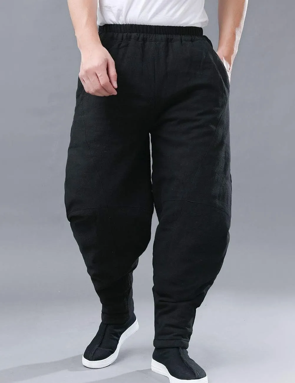 Men's Cotton Linen Lantern Harem Pants Elastic Waist Quilted Trousers with Pockets