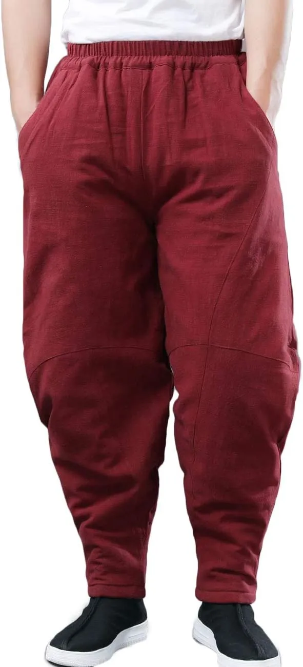 Men's Cotton Linen Lantern Harem Pants Elastic Waist Quilted Trousers with Pockets