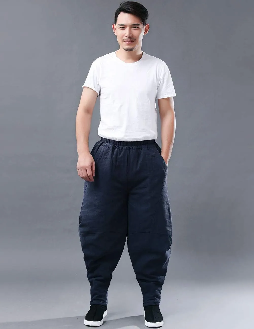 Men's Cotton Linen Lantern Harem Pants Elastic Waist Quilted Trousers with Pockets