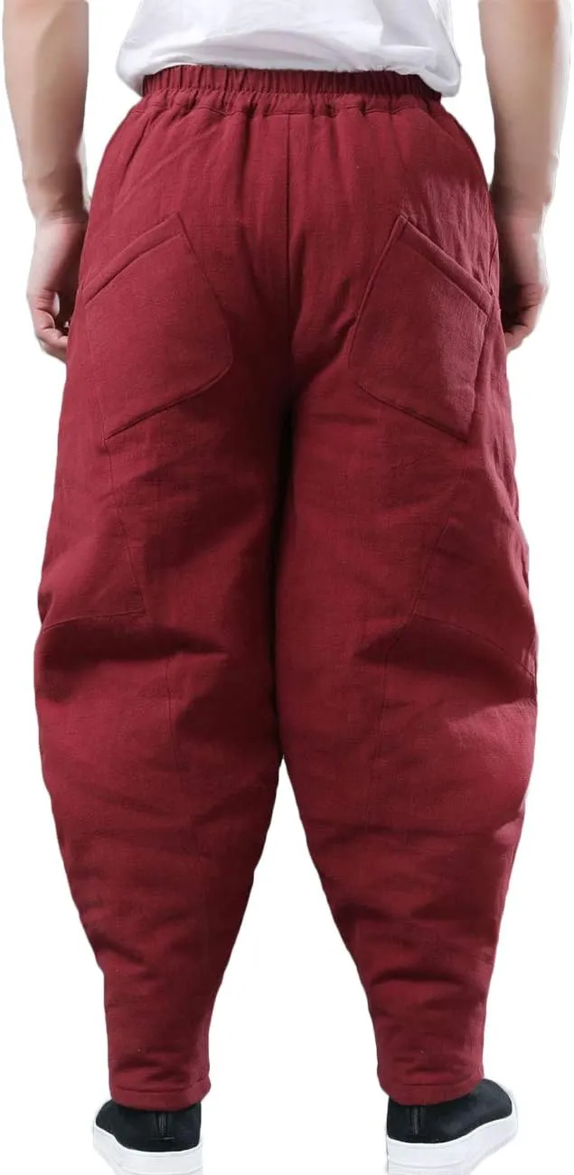Men's Cotton Linen Lantern Harem Pants Elastic Waist Quilted Trousers with Pockets