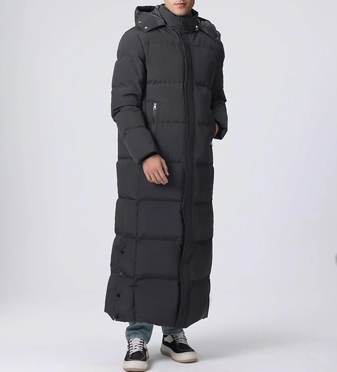 Men's Extra Long Down Coat Winter Thickened Quilted Hooded Puffer Jacket Couple Full Length Parka
