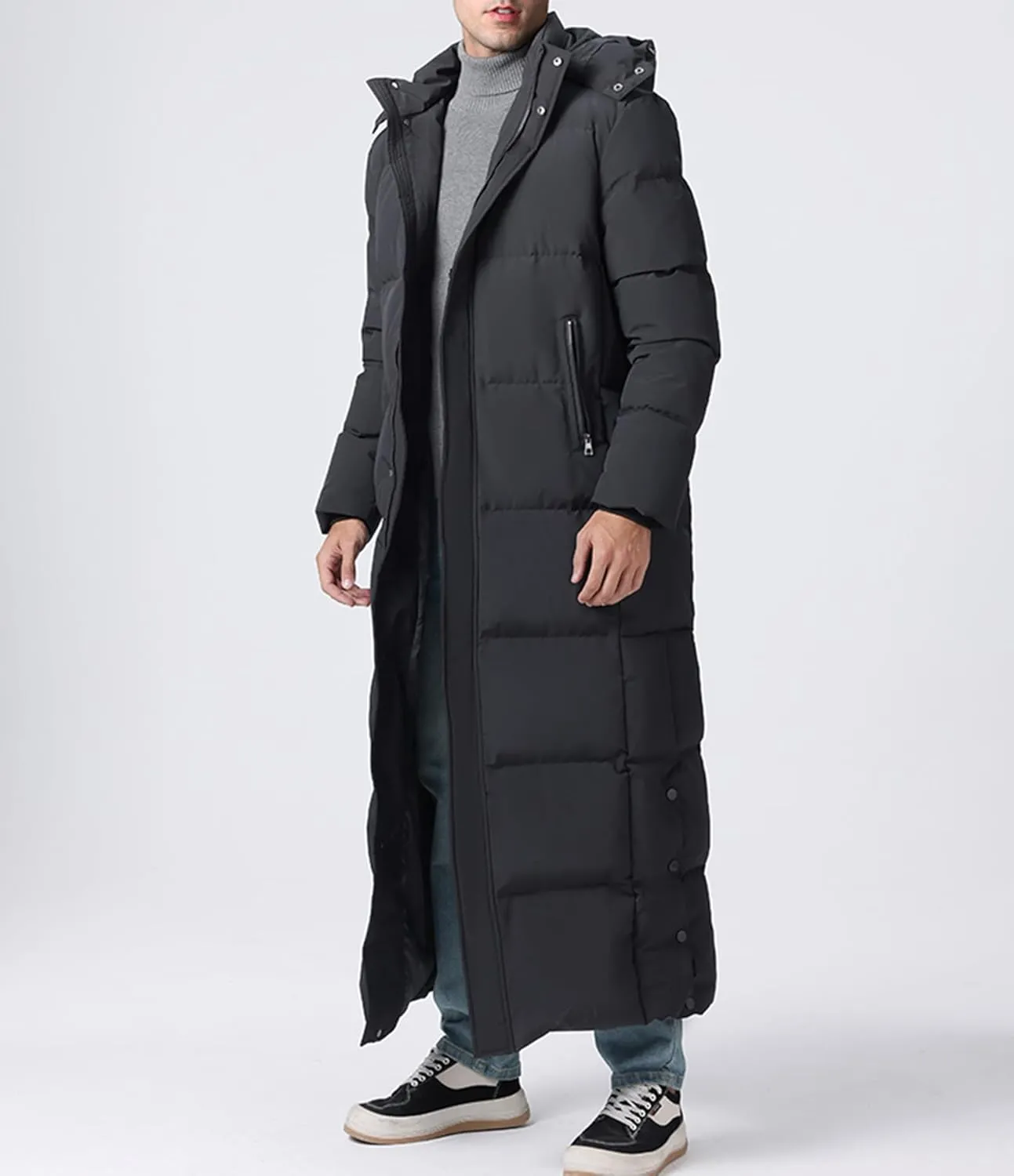 Men's Extra Long Down Coat Winter Thickened Quilted Hooded Puffer Jacket Couple Full Length Parka