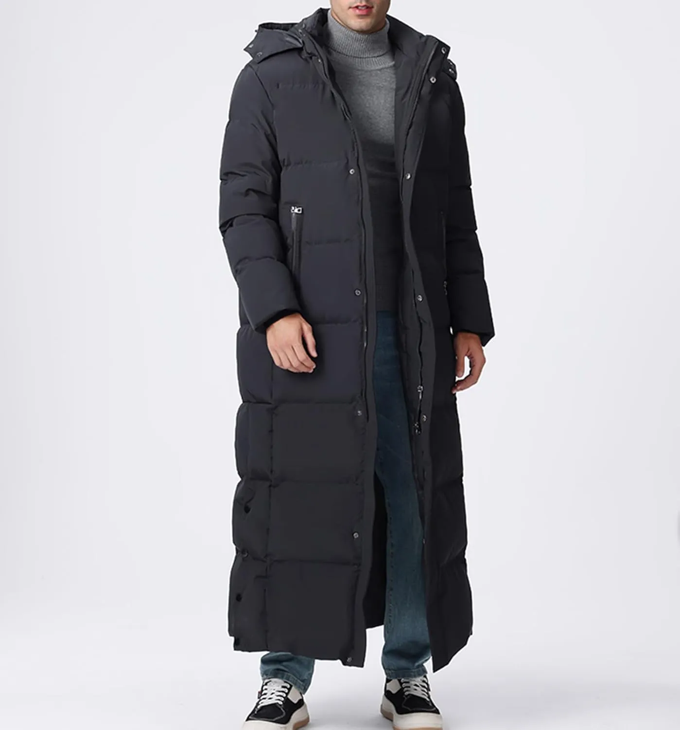 Men's Extra Long Down Coat Winter Thickened Quilted Hooded Puffer Jacket Couple Full Length Parka