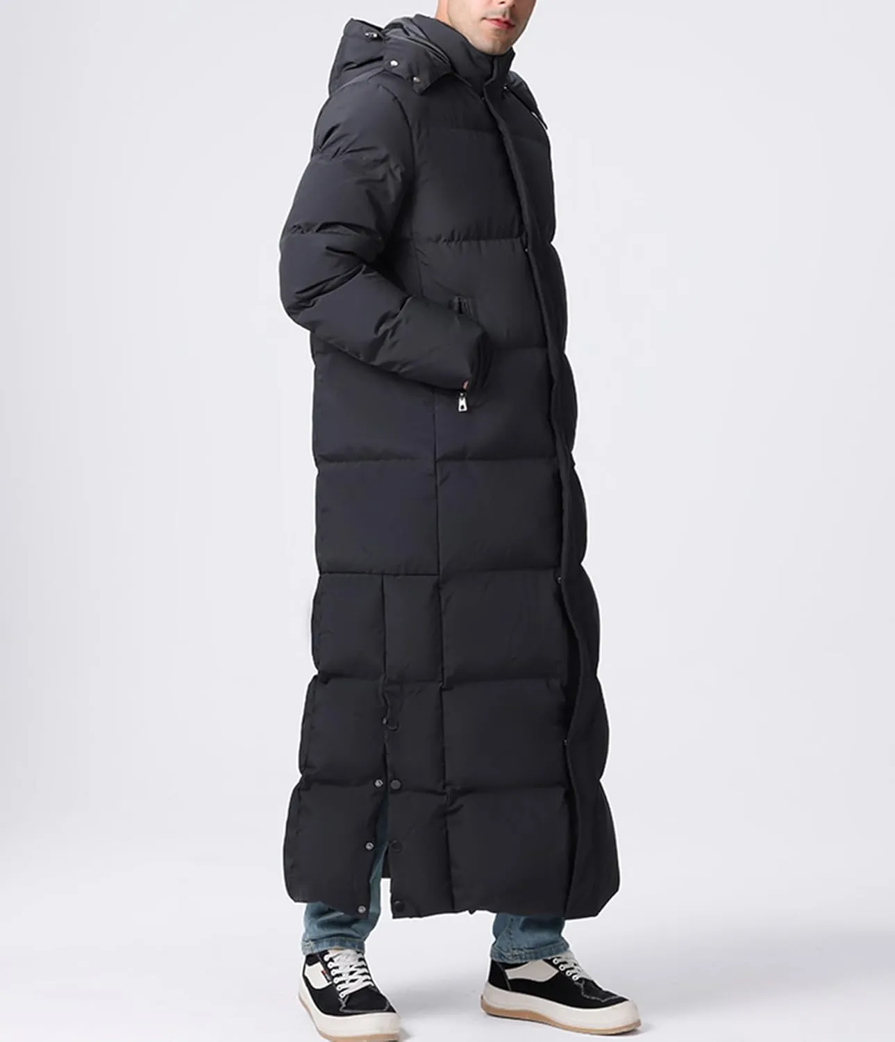 Men's Extra Long Down Coat Winter Thickened Quilted Hooded Puffer Jacket Couple Full Length Parka