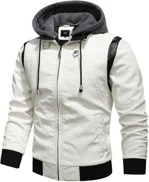 Men's Faux Leather Jacket Zip-Up Winter Motorcycle Jacket Bomer Casual Windproof Coat with Removable Hood