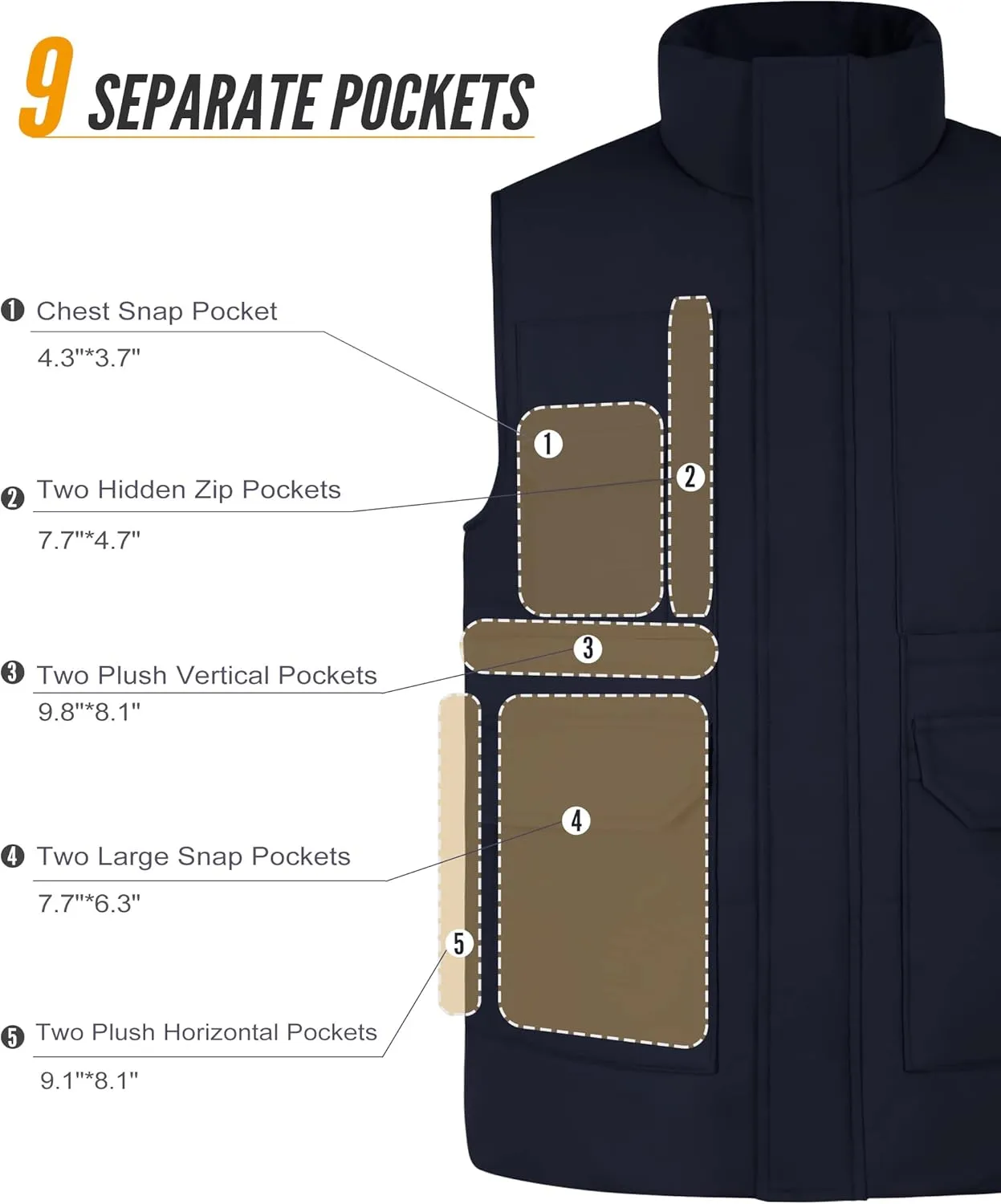 Men's Padded Puffer Vest Outdoor Water-Resistant Winter Vest for Men With 11 Cargo Pockets