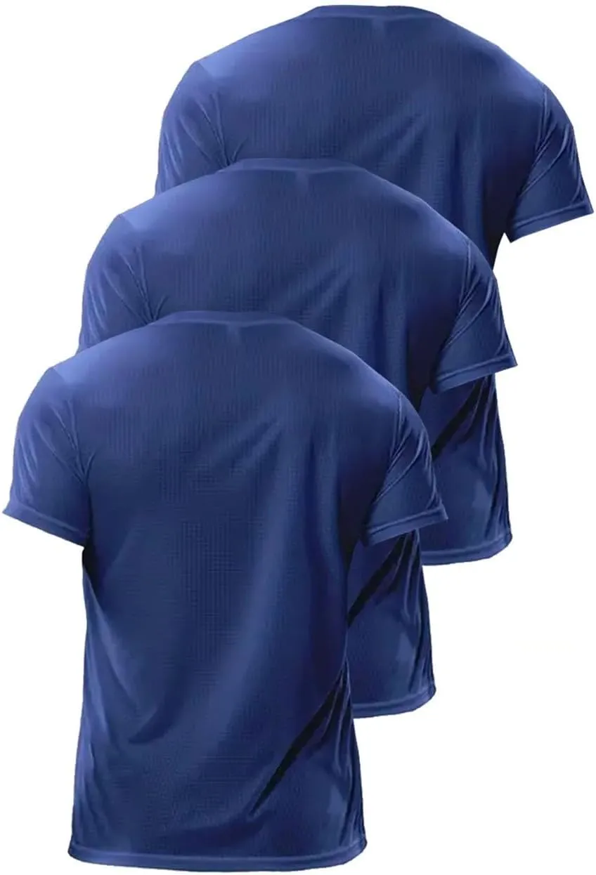 Men's Round Neck T-Shirt 3Pcs Navy Blue Lightweight Quick Dry Breathable Shirt for Fitness Gym Running