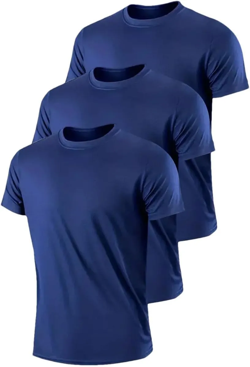 Men's Round Neck T-Shirt 3Pcs Navy Blue Lightweight Quick Dry Breathable Shirt for Fitness Gym Running