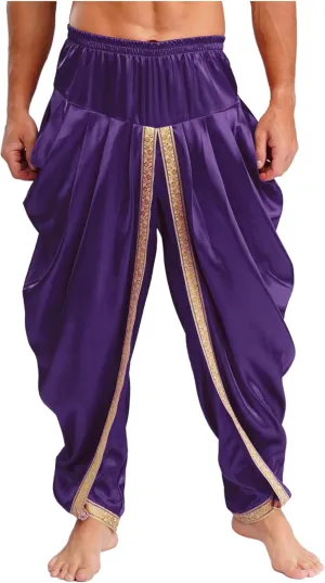 Mens Satin Indian Dhoti Style Pants Casual Elastic Waist Harem Indian Wedding Party Boho Hippie Trousers