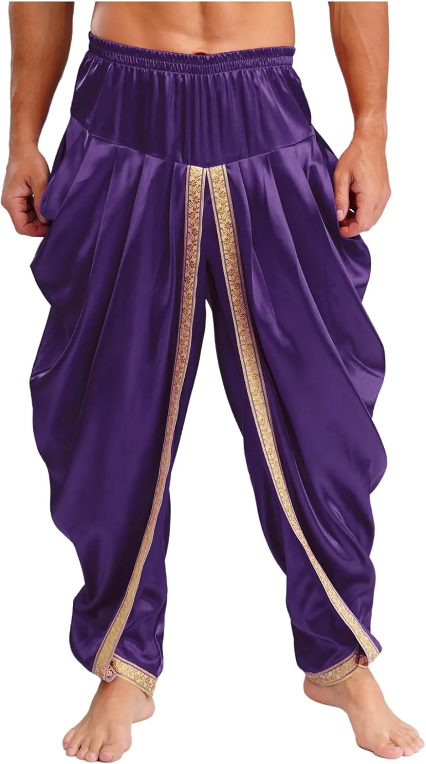 Mens Satin Indian Dhoti Style Pants Casual Elastic Waist Harem Indian Wedding Party Boho Hippie Trousers