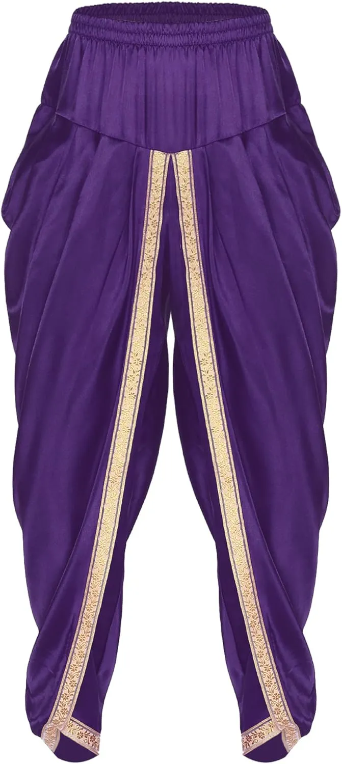 Mens Satin Indian Dhoti Style Pants Casual Elastic Waist Harem Indian Wedding Party Boho Hippie Trousers