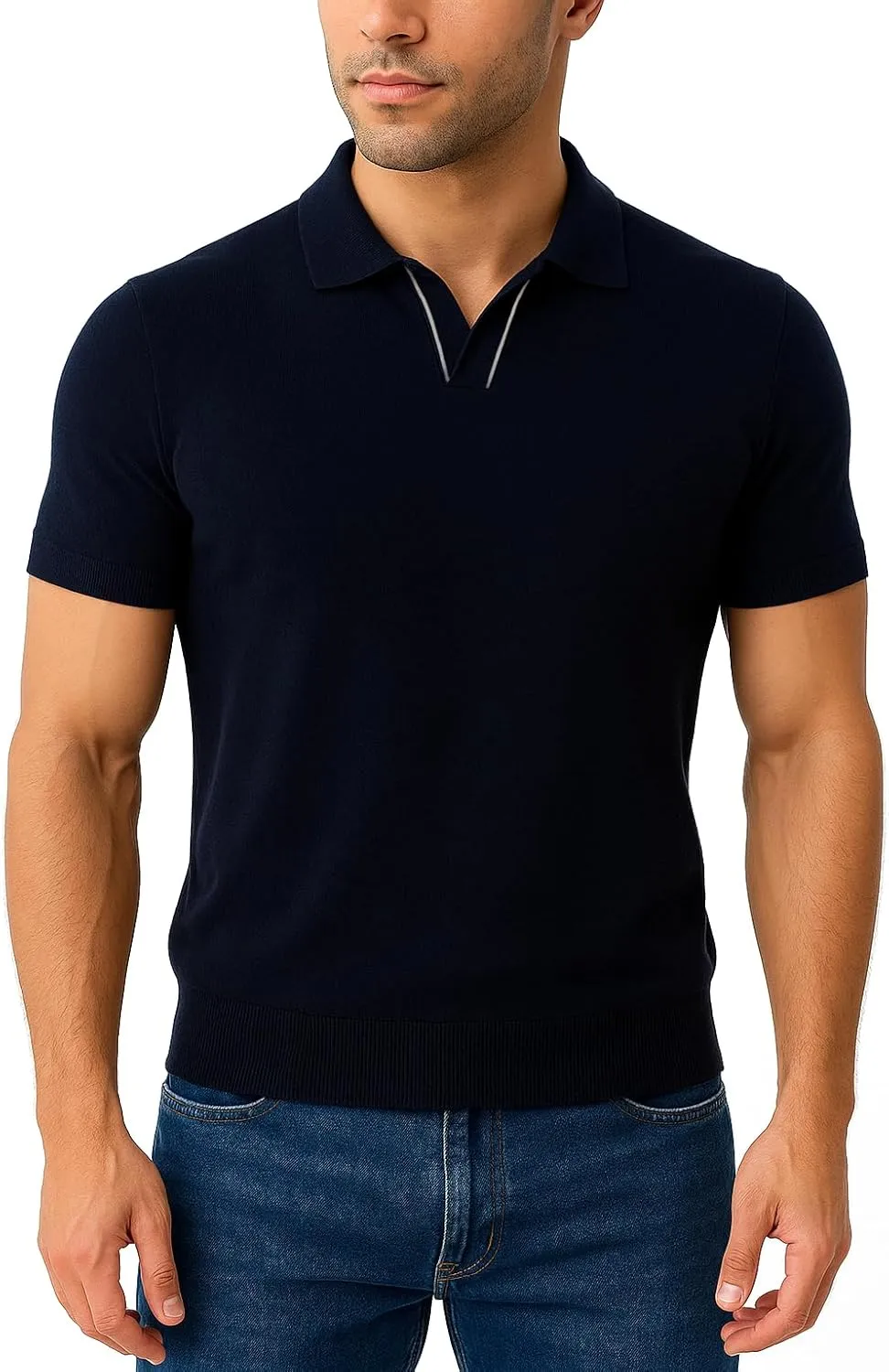 Men's Slim-Fit 100% Cotton Polo, Breathable Lightweight Short-Sleeve tee in Blue, Gray, or Navy.