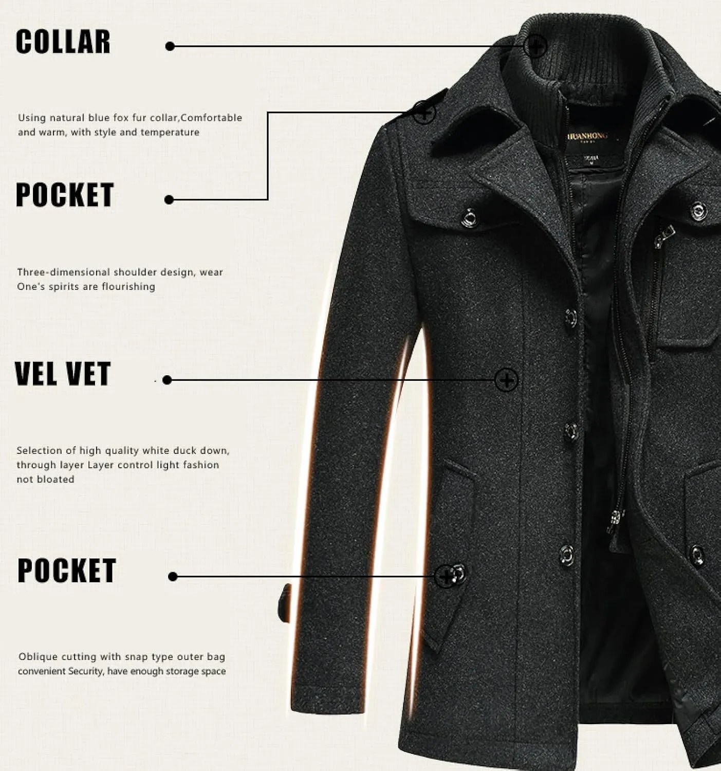 Men's Wool Trench Pea Winter Coat