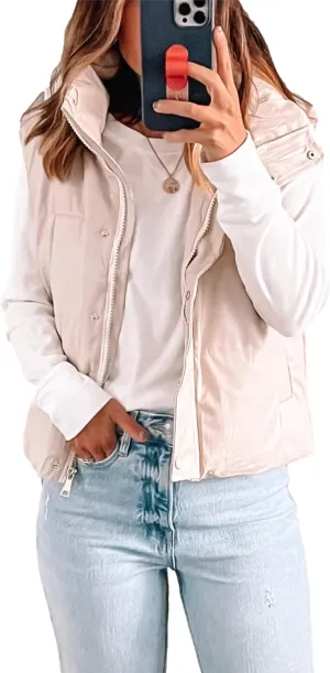 Mingzhu Faux Leather Puffer Vest for Women Sleeveless Winter Padded Jacket Vest Gilet