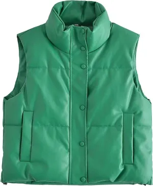 Mingzhu Faux Leather Puffer Vest for Women Sleeveless Winter Padded Jacket Vest Gilet