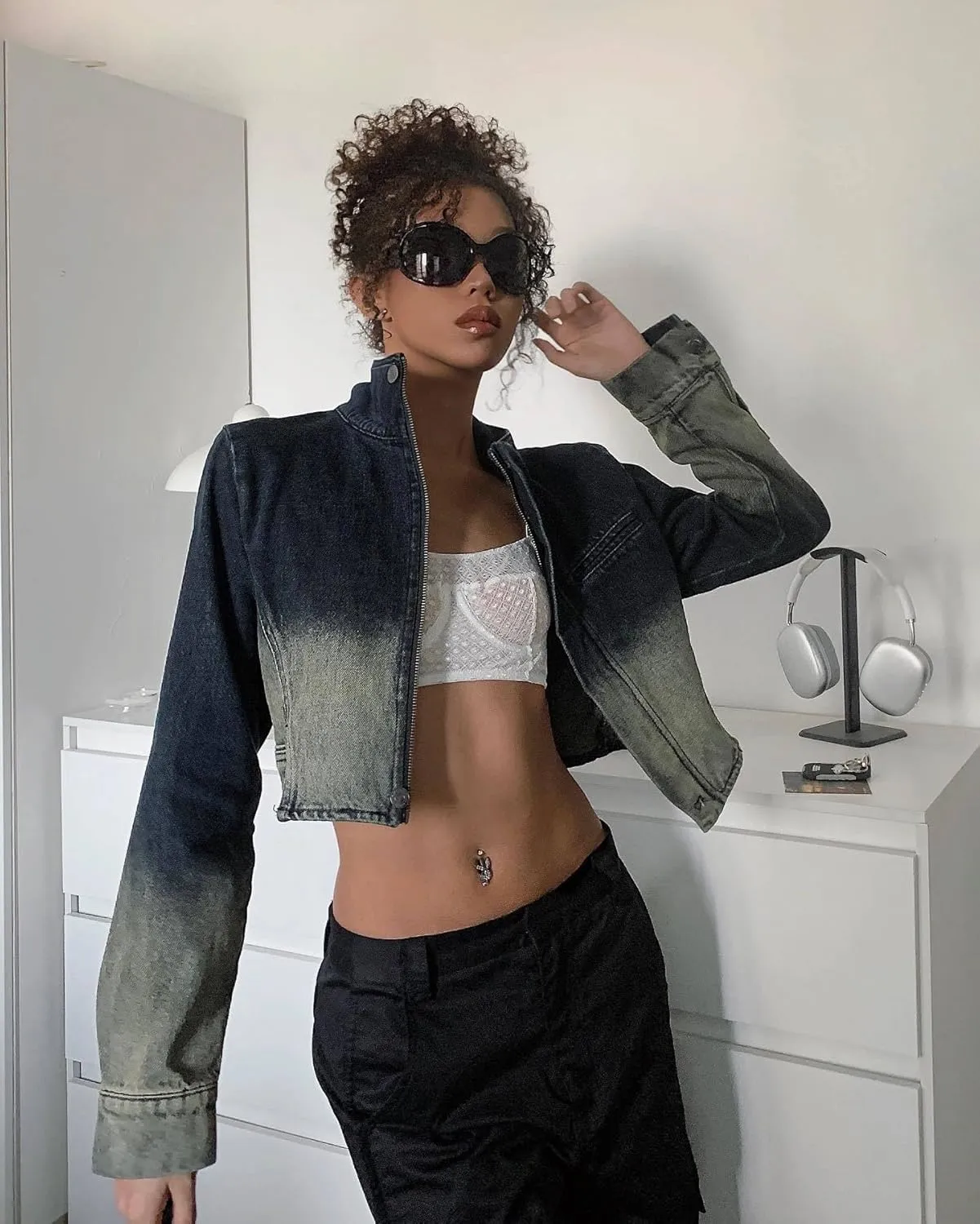 Molilove Denim Jacket Distressed Boyfriend Jean Coat Zipper Long Sleeve Basic Jeans Trucker Jacket for Women Girls
