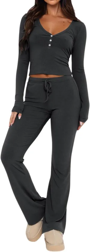 Mulisky Lounge Sets for Women 2 Pieces Long Sleeve Henley Shirt and Drawstring Waist Pants Set Pajama Loungewear
