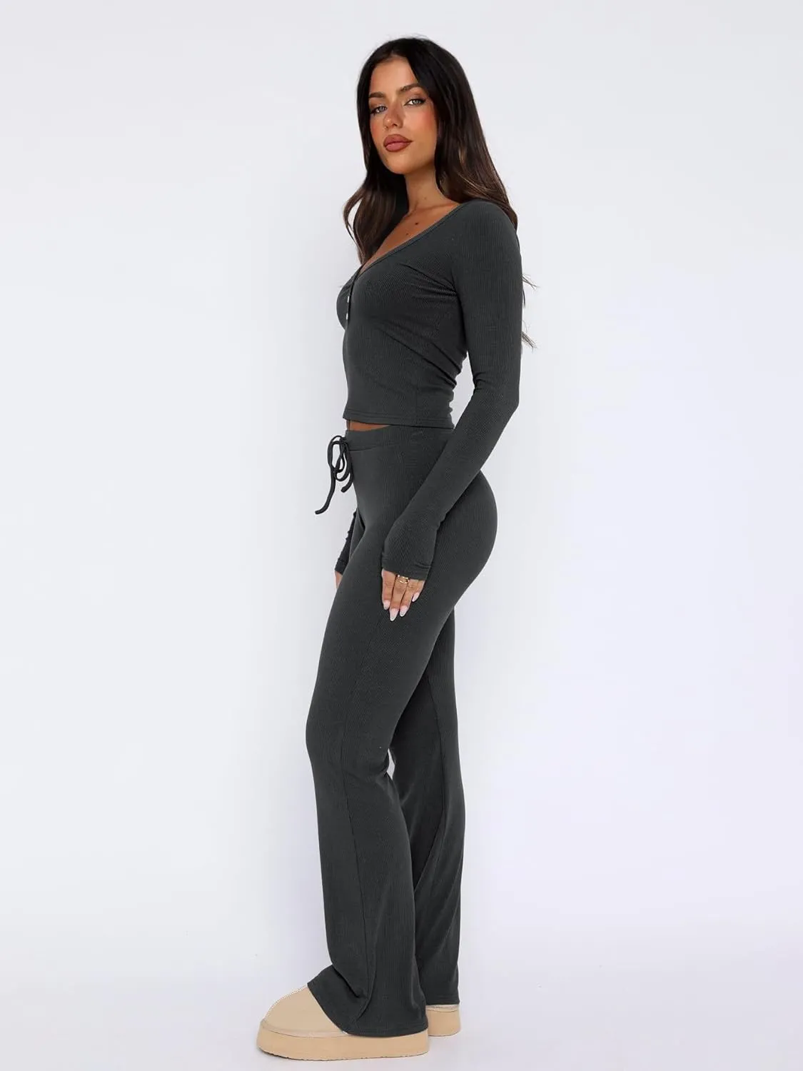 Mulisky Lounge Sets for Women 2 Pieces Long Sleeve Henley Shirt and Drawstring Waist Pants Set Pajama Loungewear