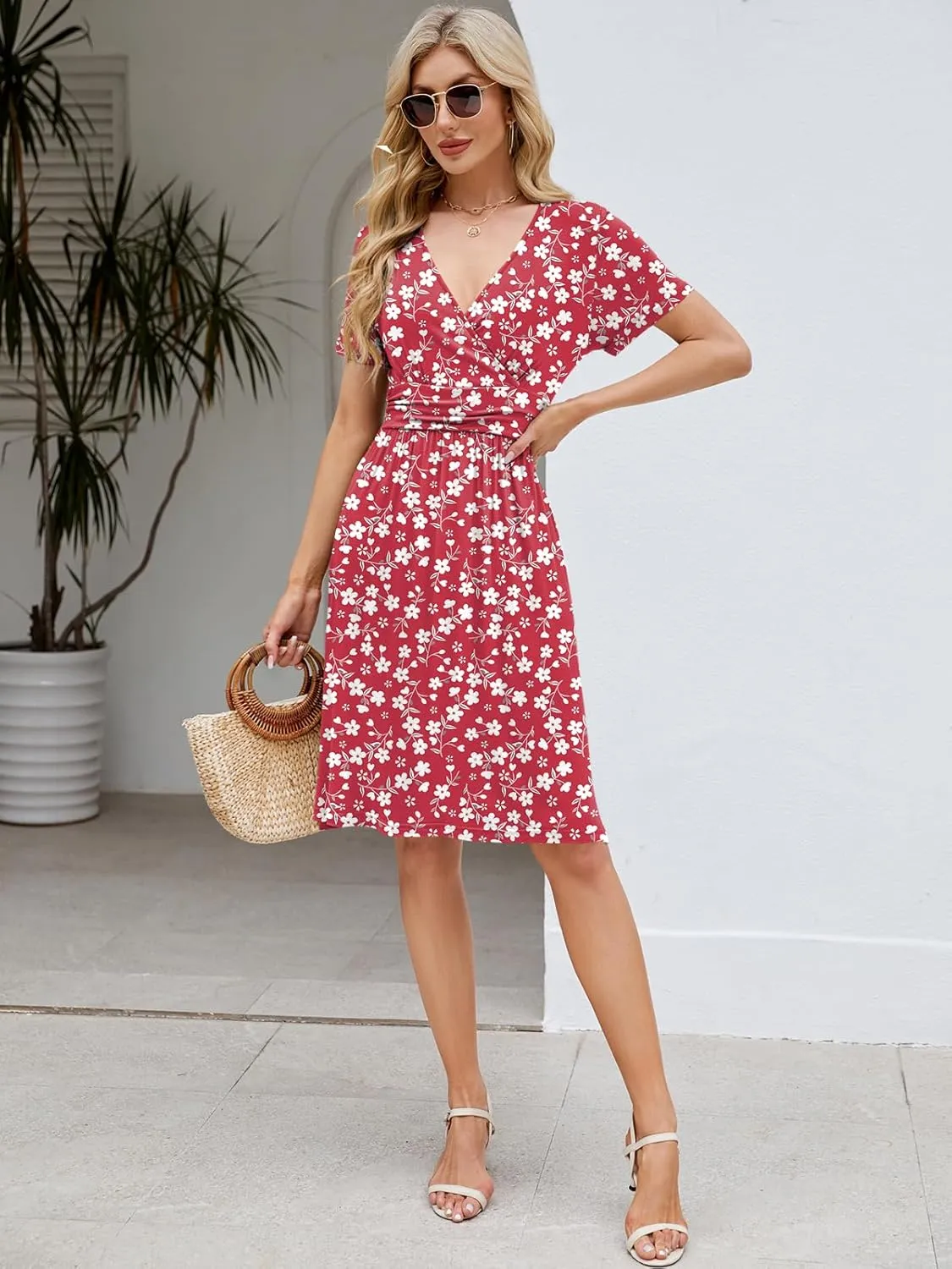 Naggoo Womens Summer Dresses for Women 2025 Spring Floral Short Sundress Short Sleeve Wrap V Neck Casual Dress with Pockets