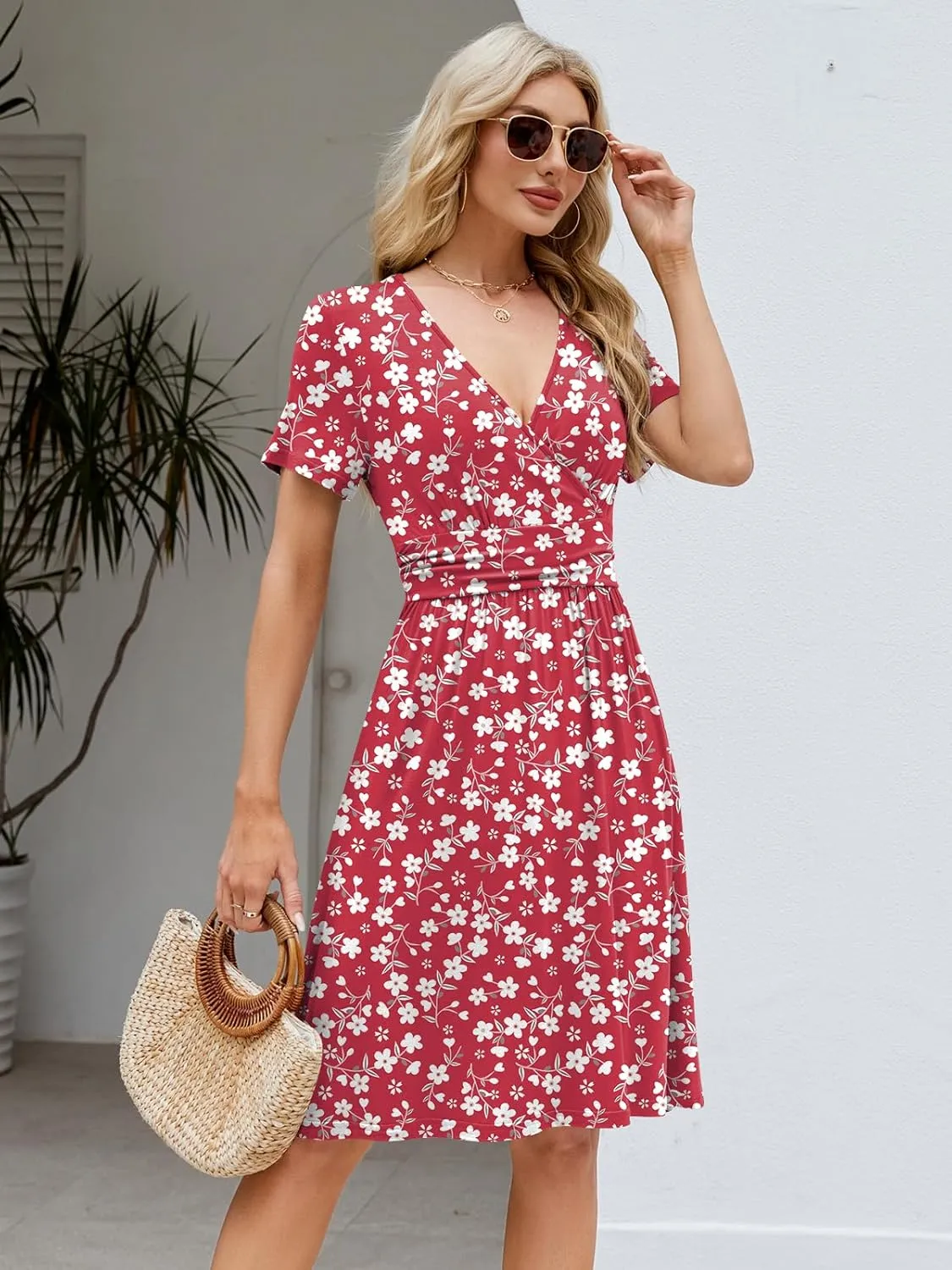 Naggoo Womens Summer Dresses for Women 2025 Spring Floral Short Sundress Short Sleeve Wrap V Neck Casual Dress with Pockets